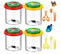 SKIKHN Set di 10 lenti di ingrandimento per bambini, con 4 prese per lente d'ingrandimento, 2 pinzette, 2 contagocce in gomma e 2 pinze per insetti, per bambini all'aperto, scienza e esplorazione