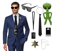 SKIKHN Set di accessori per costume da agente segreto, kit con porta documenti d'identità, cravatte nere, occhiali da sole, auricolari gonfiabili, alieni verdi