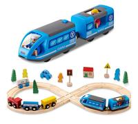 SKIKHN Treno Giocattolo per Bambini, Set di 35 Pezzi Treni e Giocattoli in Legno, Pista Trenino Legno Creativo, con Figure Umane, Luci di traffico, Regalo per Bambini 3+