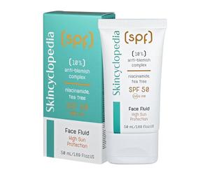 Skincyclopedia SPF 50 Crema Solare Fluido Solare per il Viso con Niacinamide e Tea Tree contro brufoli, SPF 50 Sun Protection Face Fluid, UVA e UVB, Protezione solare ad alto spettro, 50 ml