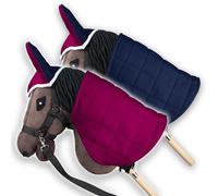 SKIPPI Coperta e Cuffietta per Hobby Horse - Fucsia e Blu Navy, Reversibile Hobby Horse Accessori, Cuffia Bicolore e Coperta Antimosche per Cavallo con Bastone, Hobby Horsing