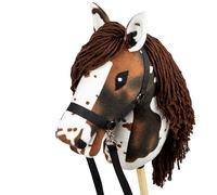 SKIPPI Hobby Horse Pezzato Sauro, Set Cavezza e Redini, Cavallo A3, Testa di Cavallo con Bastone Macchiato, Bianco con Macchie Marroni, Tobiano