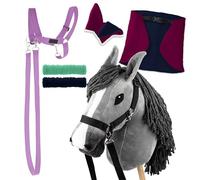SKIPPI Set Hobby Horse Grigio, Coperta e Cuffietta - Fucsia e Blu Navy, 2 Cavezza e Redini, A3 Cavallo con Bastone e Hobby Horse Accessori