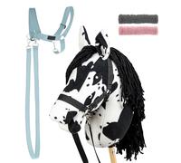 SKIPPI Set Hobby Horse Pezzato Nero e Cavezza Azzurra, Cavallo A3 e Hobby Horse Accessori, 2 Cavezze, 2 Redini, 2 Coperture in Pile