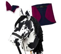 SKIPPI Set Hobby Horse Pezzato Nero e Coperta e Cuffietta - Fucsia e Blu Navy, A3 Cavallo con Bastone e Hobby Horse Accessori, Cavezza, Redini, Hobby Horsing Set
