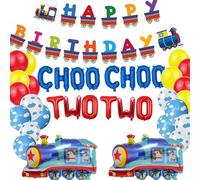 SKIRUP Choo Choo Due Decorazioni per feste per ragazzi di 2 anni, Forniture per feste di compleanno a tema treno, striscione treno di buon compleanno, palloncini in lattice nuvola, palloncini in