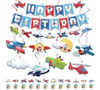 Skirup Decorazione per feste a tema aviatore, striscione e ghirlanda di buon compleanno, topper per cupcake, aeroplani, palloncini in lamina per feste in su e fuori, feste di compleanno a tema aereo