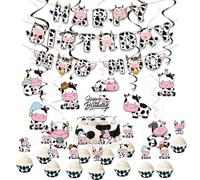 SKIRUP Set di decorazioni per feste di compleanno a tema mucca con spirale appesa, striscione, topper per torte, topper per cupcake per decorazioni per feste di compleanno di mucca