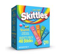 Skittles Singles To Go - Confezione assortita di sapori tropicali, 40 pezzi, mix di bevande in polvere, zero zucchero, basso contenuto calorico, include 4 gusti: