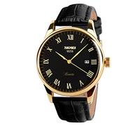 SKMEI Orologi da polso al quarzo da uomo di affari con numeri romani cinturino in pelle casual resistente all'acqua orologi analogici, Nero + oro, attività commerciale