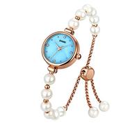 SKMEI Orologi da donna Elegante Set di bracciale in oro rosa con strass e perle naturali, orologio da polso da donna, Bianco-2