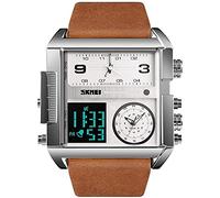 SKMEI Orologi da uomo quadrati, orologio da polso da uomo, retroilluminato a LED, ampio schermo multi-fuso orario, impermeabile, analogico, orologio sportivo digitale da uomo, argento e marrone, Case
