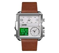 SKMEI Orologio da polso digitale sportivo da uomo, con quadrante quadrato grande, al quarzo, con cronometro impermeabile multi-fuso orario Business 1.78*1.61*0.55 inch Argento Marrone-chiaro