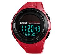 SKMEI Orologio digitale quadrato da uomo, classico, multifunzione, impermeabile, cronometro, conto alla rovescia, sveglia, 2-Rosso, 1.8*2*0.59 inch, Cinturino