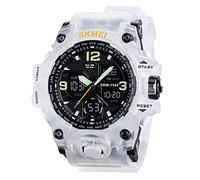 SKMIEI Orologio sportivo analogico da uomo, con LED militare, orologio da polso grande, quadrante doppio, digitale, con malfunzionamento elettronico, due fuso orario, luce posteriore, resistente all'acqua, calendario, data giorno, bianco, Digitale