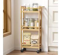 Skokliz Carrello Stretto a 3 Livelli in Bambù con Ruote, Scaffale da Cucina Mobile,Carrello Bagno Salvaspazio Carrellino Piccoli Spazi, Bagno Salotto Studio, 30.8 x 15 x 74.5cm