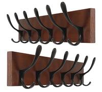 SKOLOO Appendiabiti da parete, in legno, marrone, confezione da 2, appendiabiti da parete con 6 ganci per appendere cappotti, cappelli, vestiti, sciarpe, marrone e nero