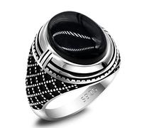 SKOOMEN Anello da uomo in argento onice nero, grande anello ovale da motociclista con scatola per gioielli, gioiello da uomo con pietra preziosa naturale turca, gioiello raffinato, vintage, regalo di