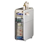 SKORDO Armadietto da bagno verticale con cassetti trasparenti e rotelle, organizer stretto in plastica, armadietto per carta igienica per bagno, sottile, alto