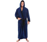 SkotO Accappatoio da uomo, lungo, in spugna, con cappuccio, bicolore, Blu, L