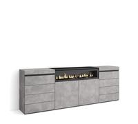 Skraut Home | Cassettiera | Mobile Armadio con cassetti | 214x75x35 cm | Camera da letto, stanza | Camino elettrico | Stile moderno | Cemento