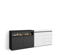 Skraut Home | Credenza | Mobile, Buffet, Stoccaggio | 207x75x35 cm | Camera da letto, stanza | Camino elettrico | Cassettiera | Stile moderno | Bianco