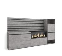 Skraut Home | Credenza | Mobile, Buffet, Stoccaggio | 274x145x35 cm | Camera da letto, stanza | Camino elettrico XXL | Cassettiera | Scarpiera | Stile moderno | Cemento