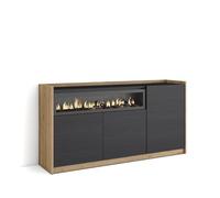Skraut Home | Credenza, Mobile, Cucina | Madia, mobile ingresso | 156x80x37 cm | 3 Porte | Camino elettrico | Stile moderno | Nero e rovere