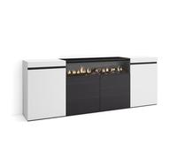Skraut Home | Credenza, Mobile, Cucina | Madia, mobile ingresso | 200x75x35cm | 4 Porte | Camino elettrico | Stile moderno | Bianco e nero