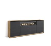 Skraut Home | Credenza, Mobile, Cucina | Madia, mobile ingresso | 207x80x37 cm | 4 Porte | Camino elettrico | Stile moderno | Nero e rovere