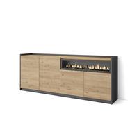 Skraut Home | Credenza, Mobile, Cucina | Madia, mobile ingresso | 207x80x37 cm | 4 Porte | Camino elettrico | Stile moderno | Rovere e nero