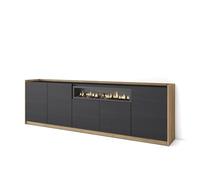 Skraut Home | Credenza, Mobile, Cucina | Madia, mobile ingresso | 260x80x37 cm | 5 Porte | Camino elettrico | Stile moderno | Nero e rovere