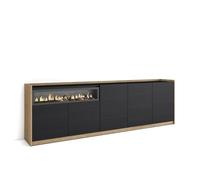 Skraut Home | Credenza, Mobile, Cucina | Madia, mobile ingresso | 260x80x37 cm | 5 Porte | Camino elettrico | Stile moderno | Nero e rovere