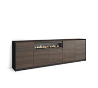Skraut Home | Credenza, Mobile, Cucina | Madia, mobile ingresso | 260x80x37 cm | 5 Porte | Camino elettrico | Stile moderno | Rovere scuro e Nero