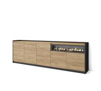 Skraut Home | Credenza, Mobile, Cucina | Madia, mobile ingresso | 260x80x37 cm | 5 Porte | Camino elettrico | Stile moderno | Rovere e nero