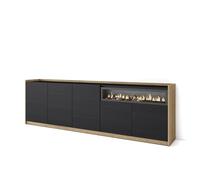 Skraut Home | Credenza, Mobile, Cucina | Madia, mobile ingresso | 260x80x37 cm | 5 Porte | Camino elettrico | Stile moderno | Nero e rovere