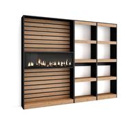 Skraut Home | Libreria scaffale | Scaffali in legno a ripiani | 230x186x25cm | Soggiorno - Ufficio | Camino elettrico | Stile moderno | Rovere e nero