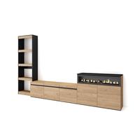 Skraut Home | Mobile Soggiorno TV | Parete Attrezzata Soggiorno | 310x186x35cm | Per TV fino a 65" | Camino elettrico | Stile moderno | Rovere e nero