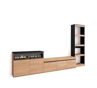 Skraut Home | Mobile Soggiorno TV | Parete Attrezzata Soggiorno | 310x186x35cm | Per TV fino a 65" | Camino elettrico | Stile moderno | Rovere e nero