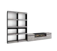 Skraut Home | Mobile Soggiorno TV | Parete Attrezzata Soggiorno | 320x186x35cm | Per TV fino a 80" | Camino elettrico | Stile moderno | Cemento