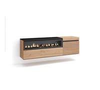Skraut Home | Mobile TV Soggiorno | Ampio spazio a disposizione | 150x45x35cm | Per TV fino a 65" | Camino elettrico | Sospeso, da appendere | Stile moderno | Rovere