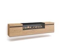 Skraut Home | Mobile TV Soggiorno | Ampio spazio a disposizione | 200x45x35cm | Per TV fino a 80" | Camino elettrico | Sospeso, da appendere | Stile moderno | Rovere e nero