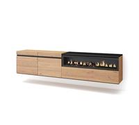 Skraut Home | Mobile TV Soggiorno | Ampio spazio a disposizione | 200x45x35cm | Per TV fino a 80" | Camino elettrico | Sospeso, da appendere | Stile moderno | Rovere e nero