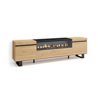 Skraut Home | Mobile TV Soggiorno | Ampio spazio a disposizione | 200x57x35cm | Per TV fino a 80" | Camino elettrico | Design industriale | Stile moderno | Rovere e nero