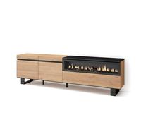 Skraut Home | Mobile TV Soggiorno | Ampio spazio a disposizione | 200x57x35cm | Per TV fino a 80" | Camino elettrico | Design industriale | Stile moderno | Rovere e nero