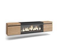 Skraut Home | Mobile TV Soggiorno | Ampio spazio a disposizione | 210 | Per TV fino a 80" | Camino elettrico XXL | Sospeso, da appendere | Stile moderno | Rovere e nero