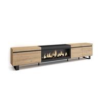 Skraut Home | Mobile TV Soggiorno | Ampio spazio a disposizione | 288x57x35 cm | TV di grande formato | Camino elettrico XXL | Design industriale | Stile moderno | Rovere e nero