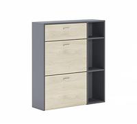 Skraut Home - Scarpiera - 102 x 90 x 26 cm - capacità per 12 Paia di Scarpe - 2 Ante a Battente + 1 cassetto - Modello Wind - Finitura Grigio/Rovere