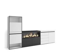 Skraut Home | Scarpiera | Mobile Salvaspazio | 274x145x35 cm | Camera da letto, stanza | Camino elettrico XXL | Cassettiera | Stile moderno | Bianco