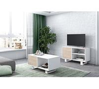 Skraut Home | Set di mobili Wind| Set da soggiorno/sala da pranzo | Composto da 1 mobile TV100 e 1 tavolino da caffè| Bianco/Rovere| Piedi Bianchi